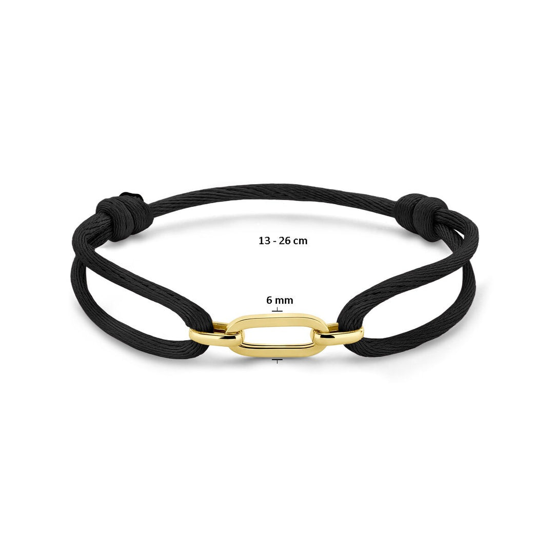 Zwart gevlochten dames armband met 14k geelgouden schakel – verstelbaar 13-26 cm
