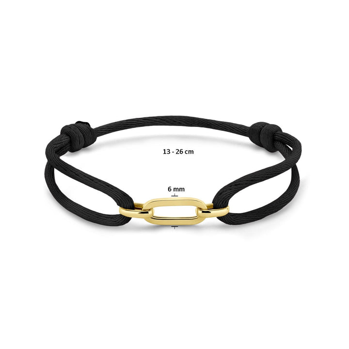 Zwart gevlochten dames armband met 14k geelgouden schakel – verstelbaar 13-26 cm