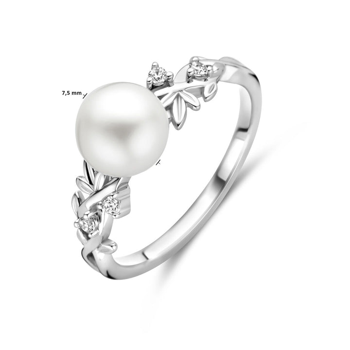 Zilveren ring met zirkonia en zoetwaterparel – gerhodineerd 925 zilver