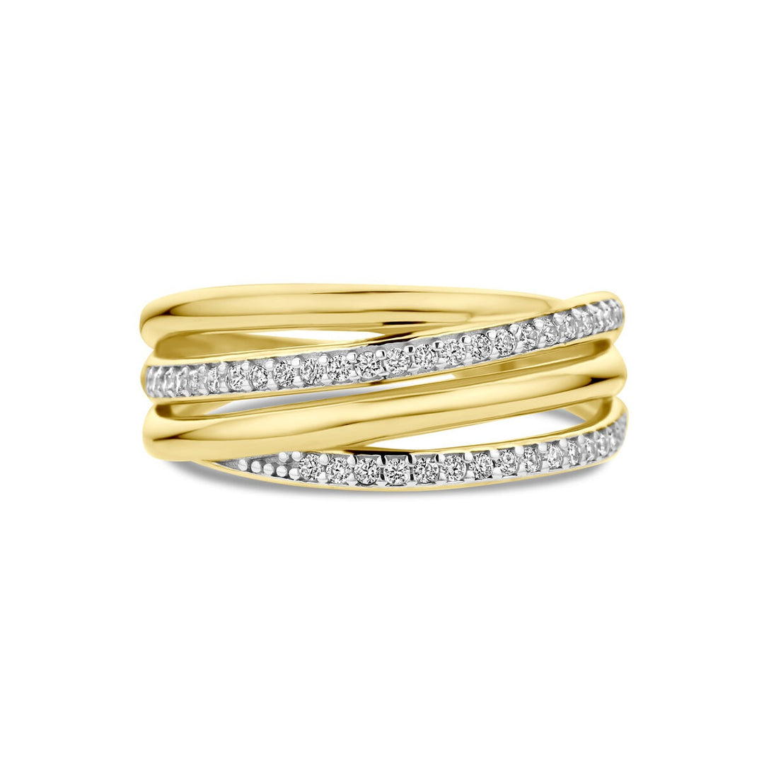 9k geelgoudkleurige damesring met zirkonia – krachtig en sprankelend