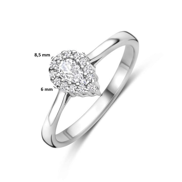 Zilveren dames ring met peer geslepen zirkonia en entouragezetting