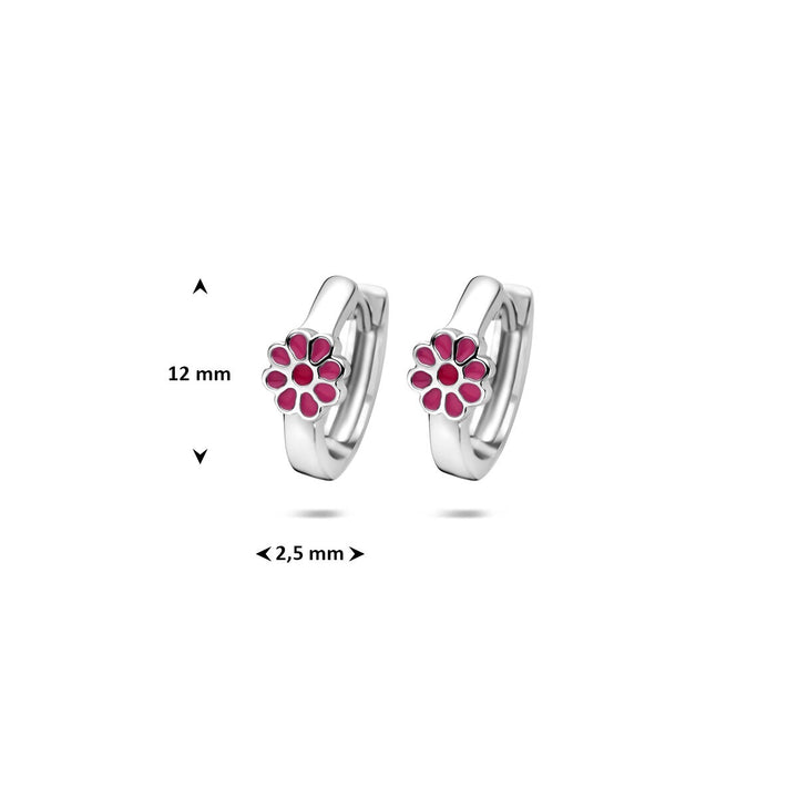 Zilveren kinder oorringen – gerhodineerd met bloem in roze emaille
