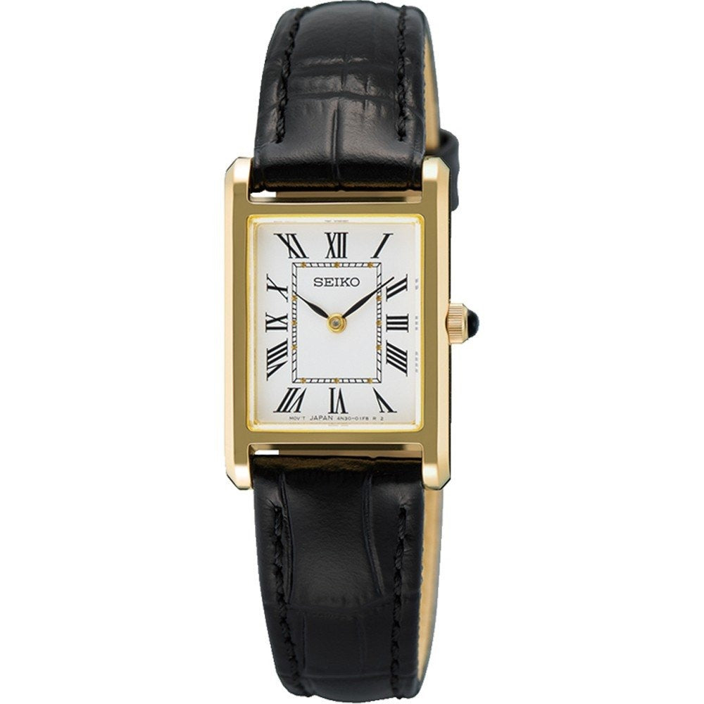 Gouden horloge met rechthoekige wijzerplaat, witte achtergrond en zwarte Romeinse cijfers, afgewerkt met een zwarte leren band.
