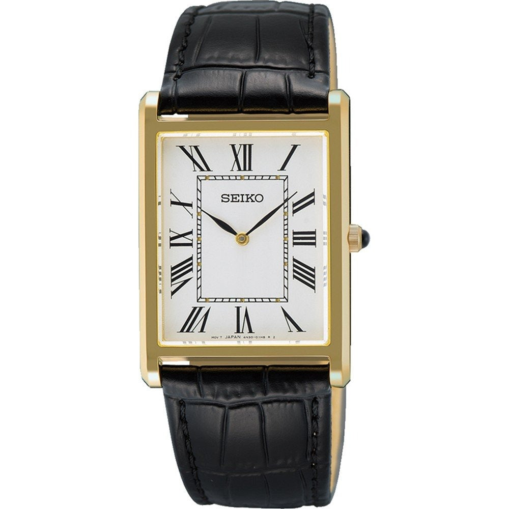 Gouden horloge met rechthoekige wijzerplaat, witte achtergrond en zwarte Romeinse cijfers, afgewerkt met een zwarte leren band.