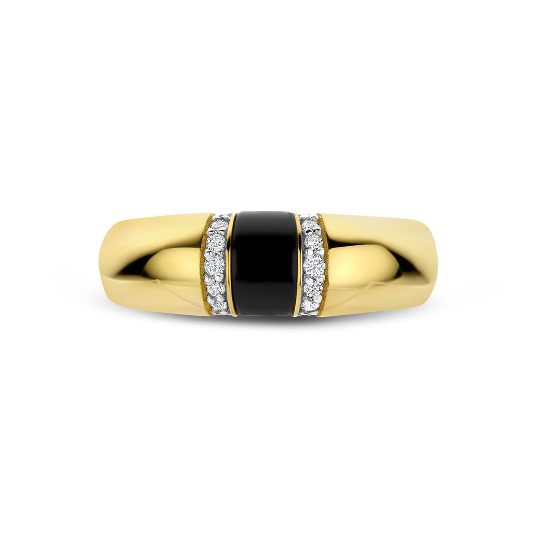 14k Geelgouden dames ring met onyx en diamant – 6,5 mm breed
