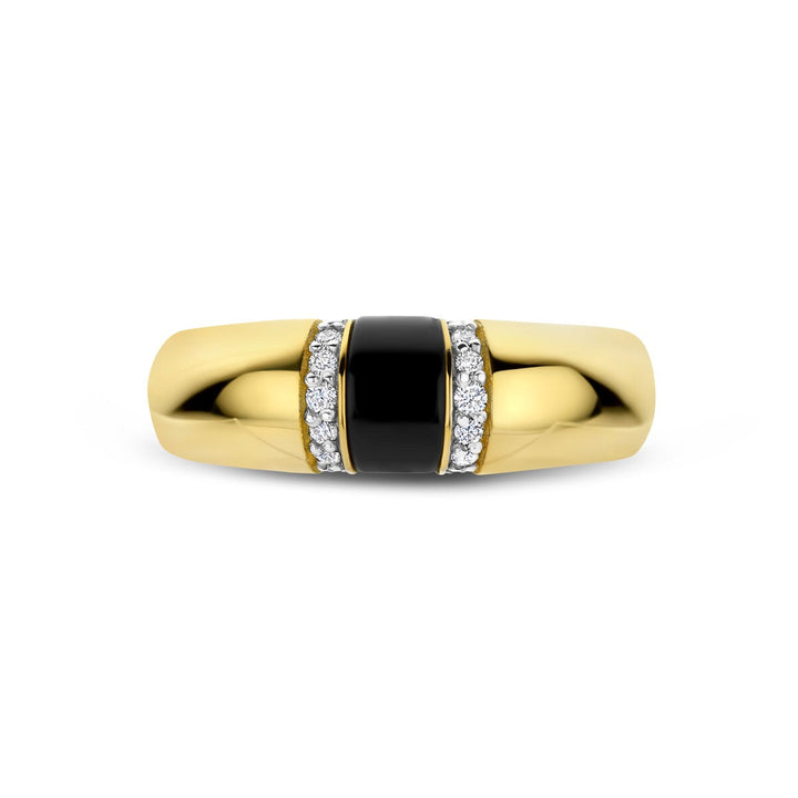 14k Geelgouden dames ring met onyx en diamant – 6,5 mm breed