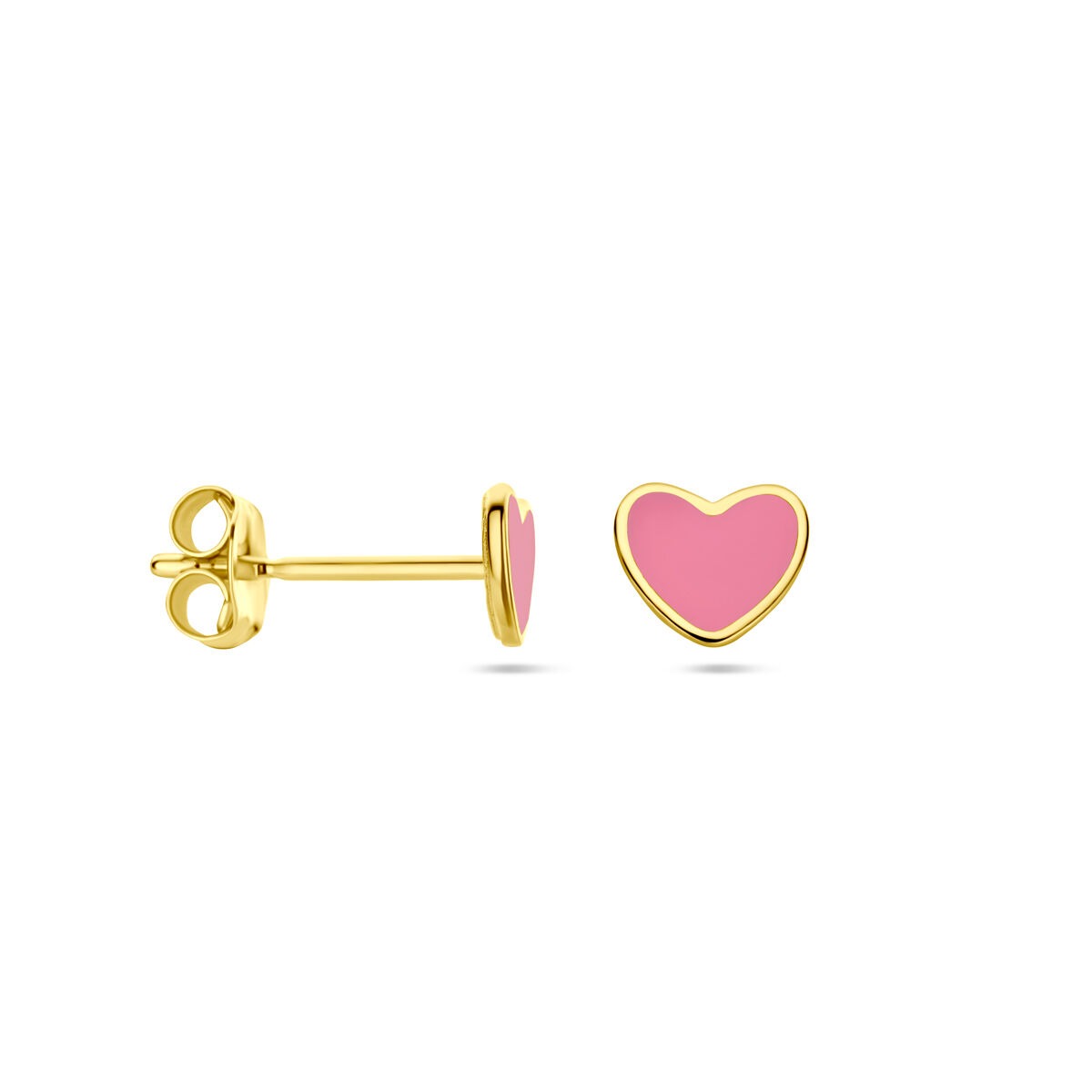 ear studs heart pink epoxy 14K yellow gold
