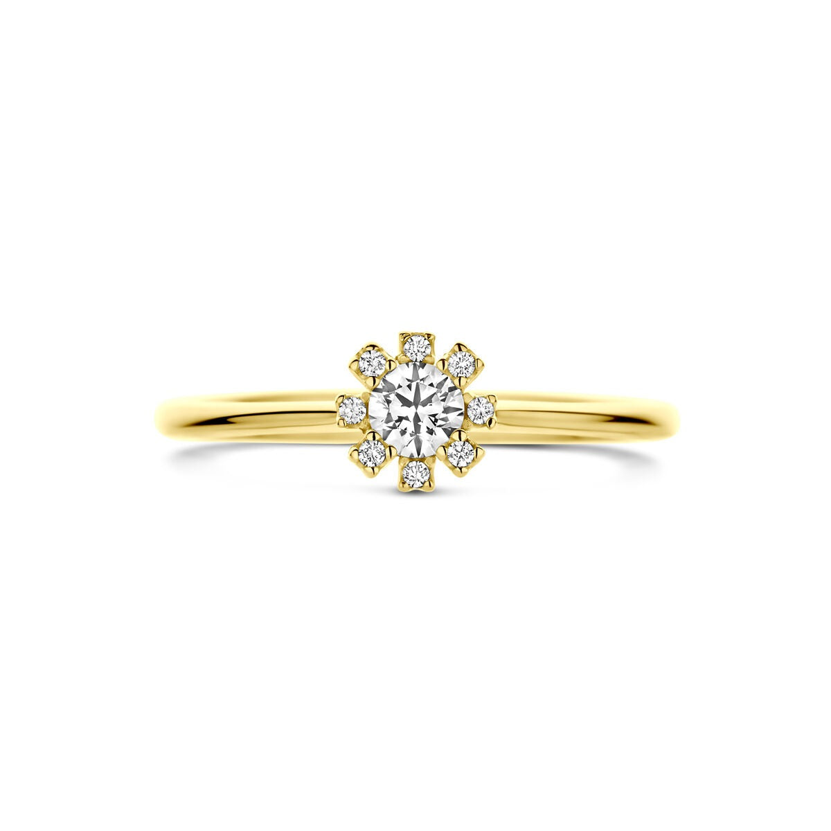 14k geelgouden damesring met zirkonia – elegante ring in entourage stijl