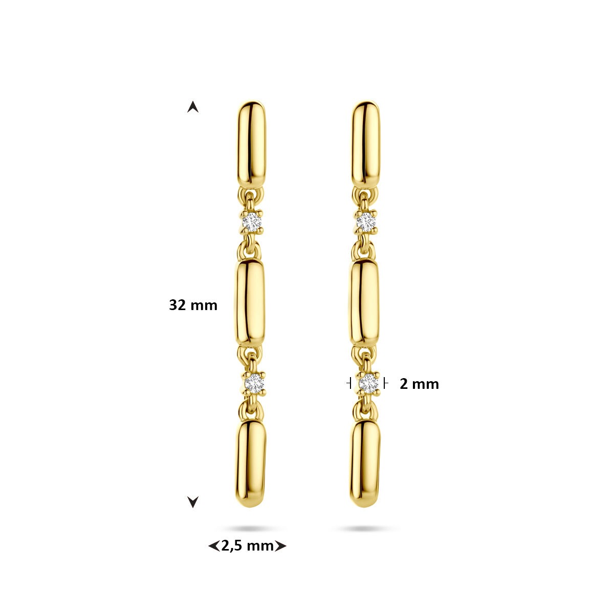 Gouden oorhangers met diamant – 14k geelgoud, 0.06ct briljantgeslepen (2x 0.03ct) h si 32 mm