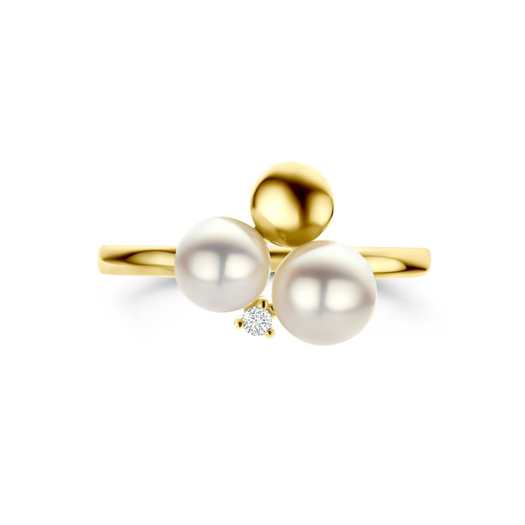 14k Geelgouden damesring met parel en diamant – 11 mm breed