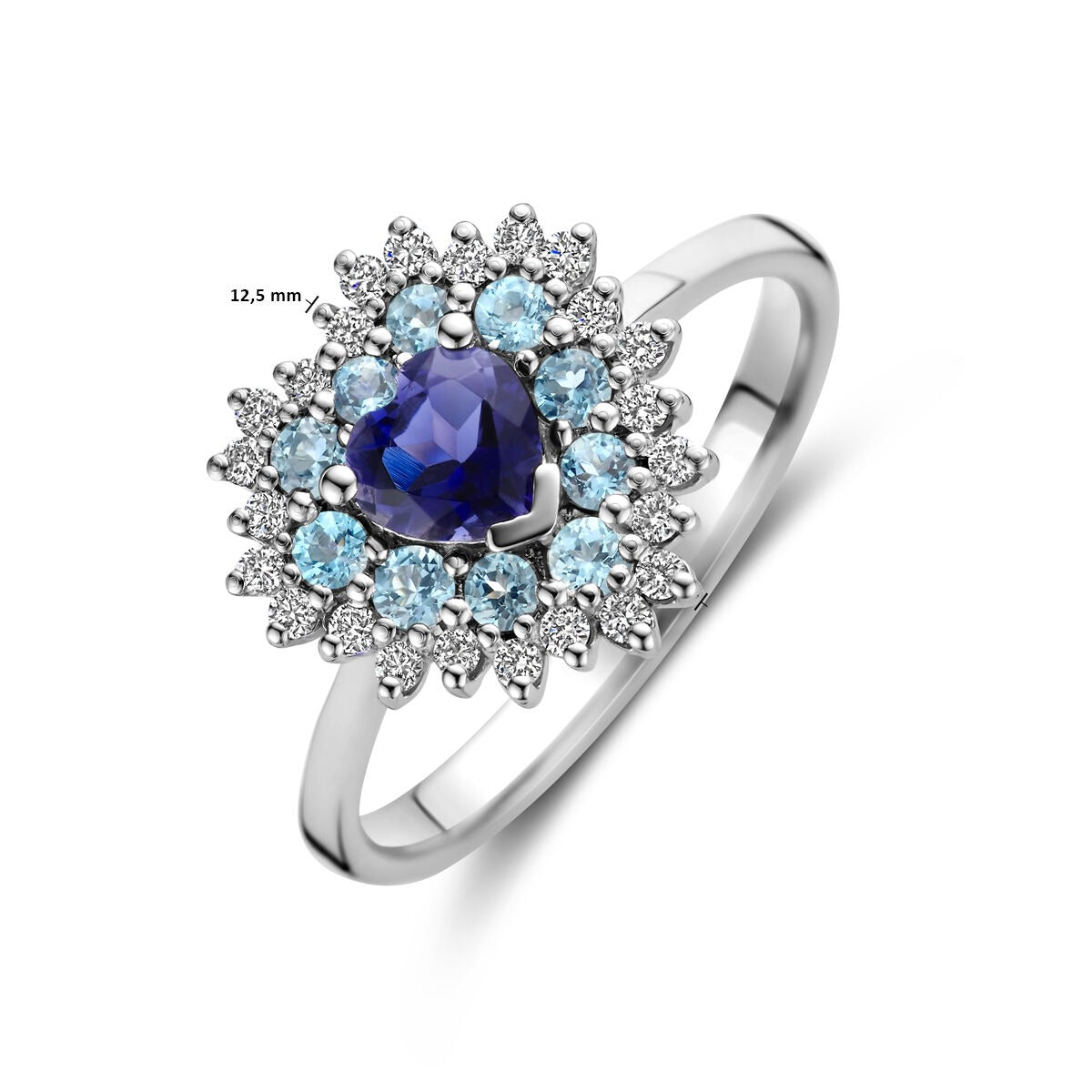 Witgouden ring met hartvorm – London blue topaas, ioliet en diamant