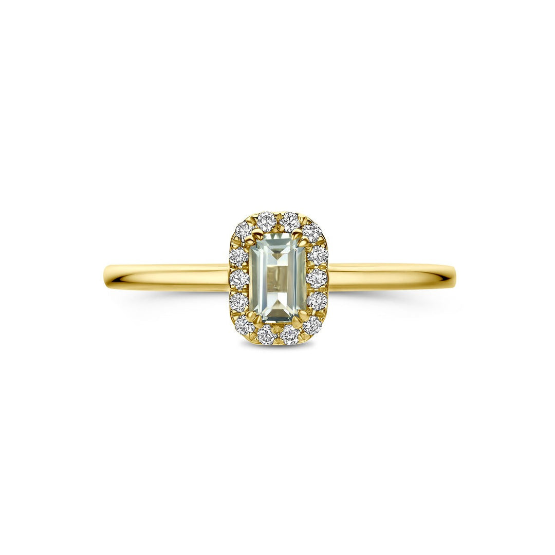 14k Geelgouden entourage ring met groene amethist en lab grown diamant