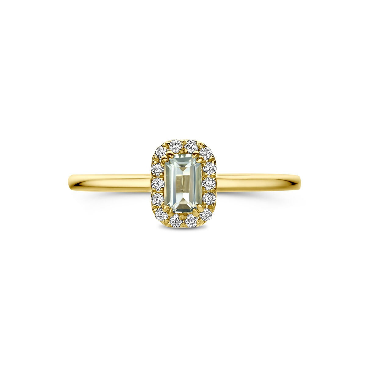 14k Geelgouden entourage ring met groene amethist en lab grown diamant