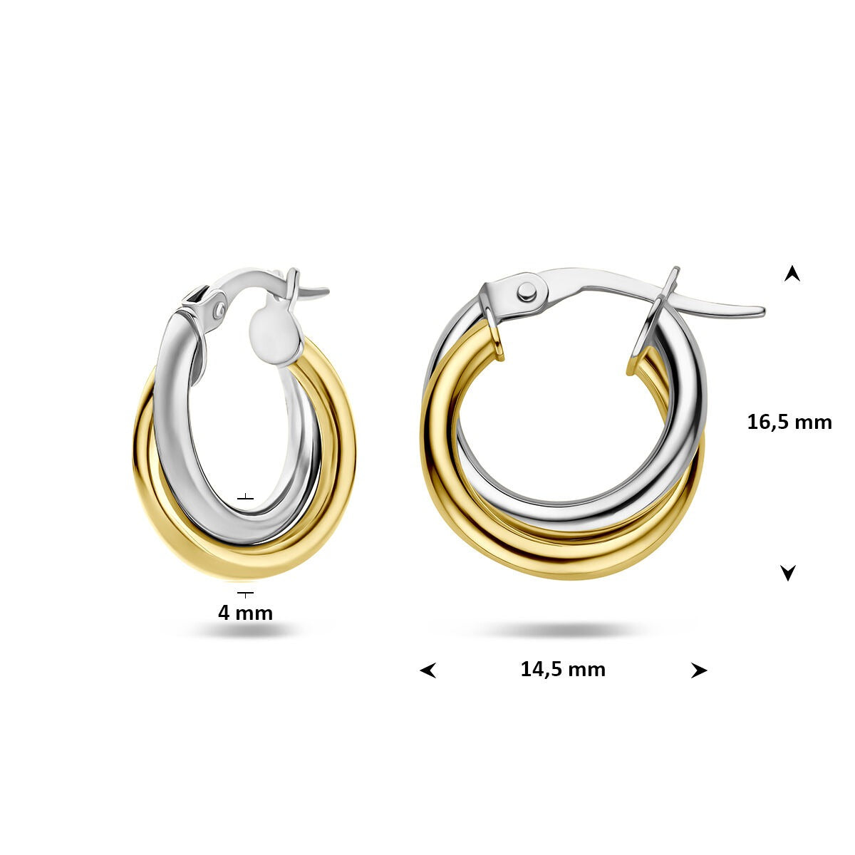 14k Bicolor Geel- en Witgouden Oorringen 4 mm Dames Scharniersluiting