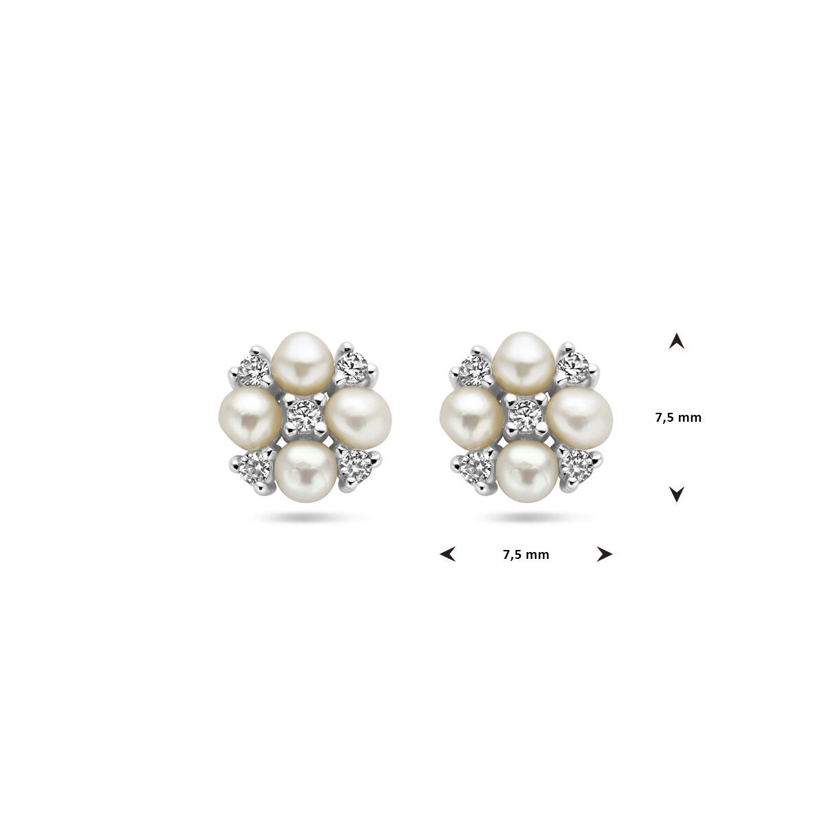 Zilveren dames oorknoppen met zoetwaterparel en zirkonia – gerhodineerd 7.5 mm
