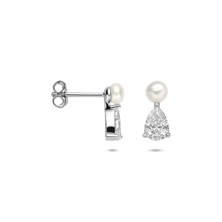 Zilveren oorknopjes met parel en zirkonia – gerhodineerd 925 zilver