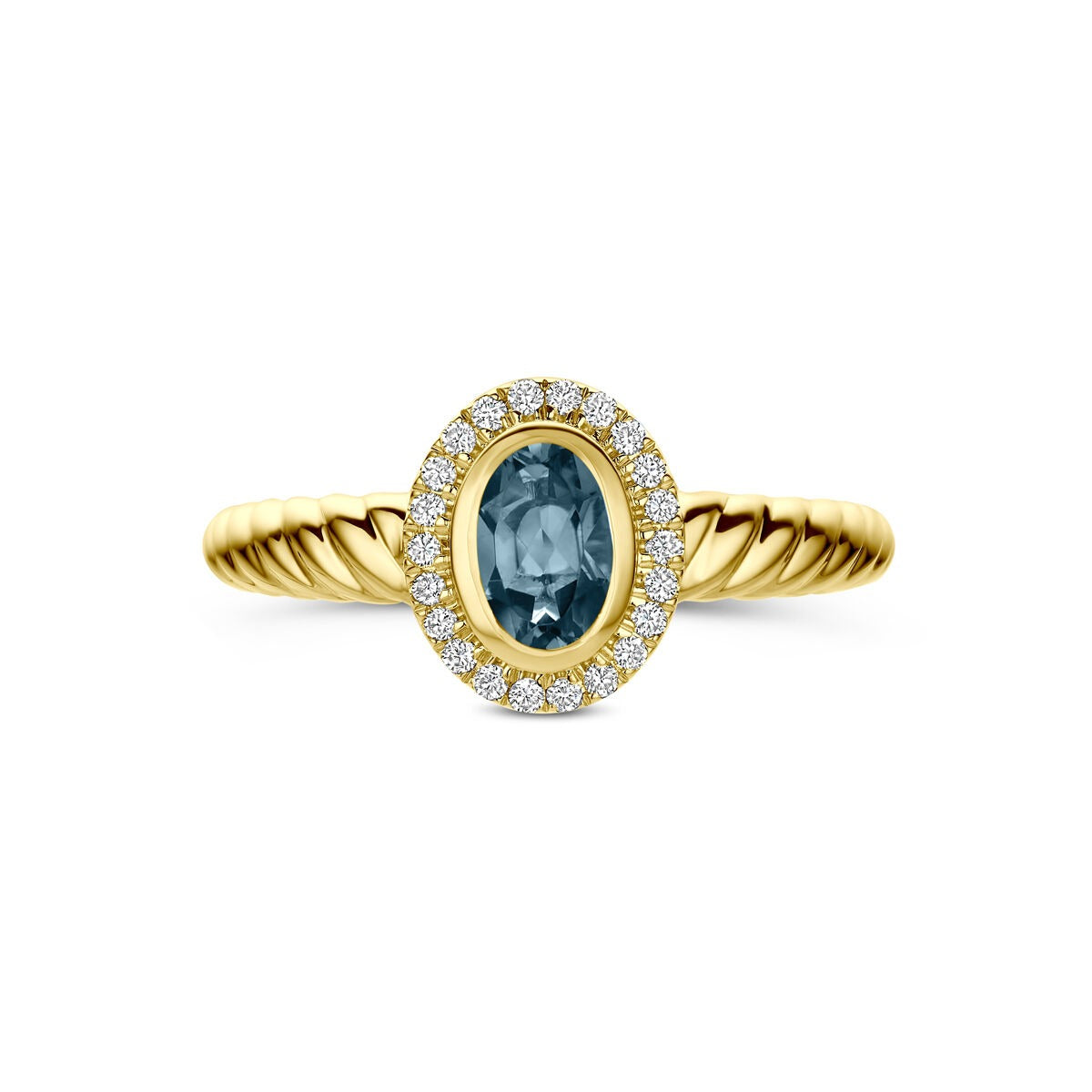 14k Geelgouden ring met London blue topaas en lab grown diamant