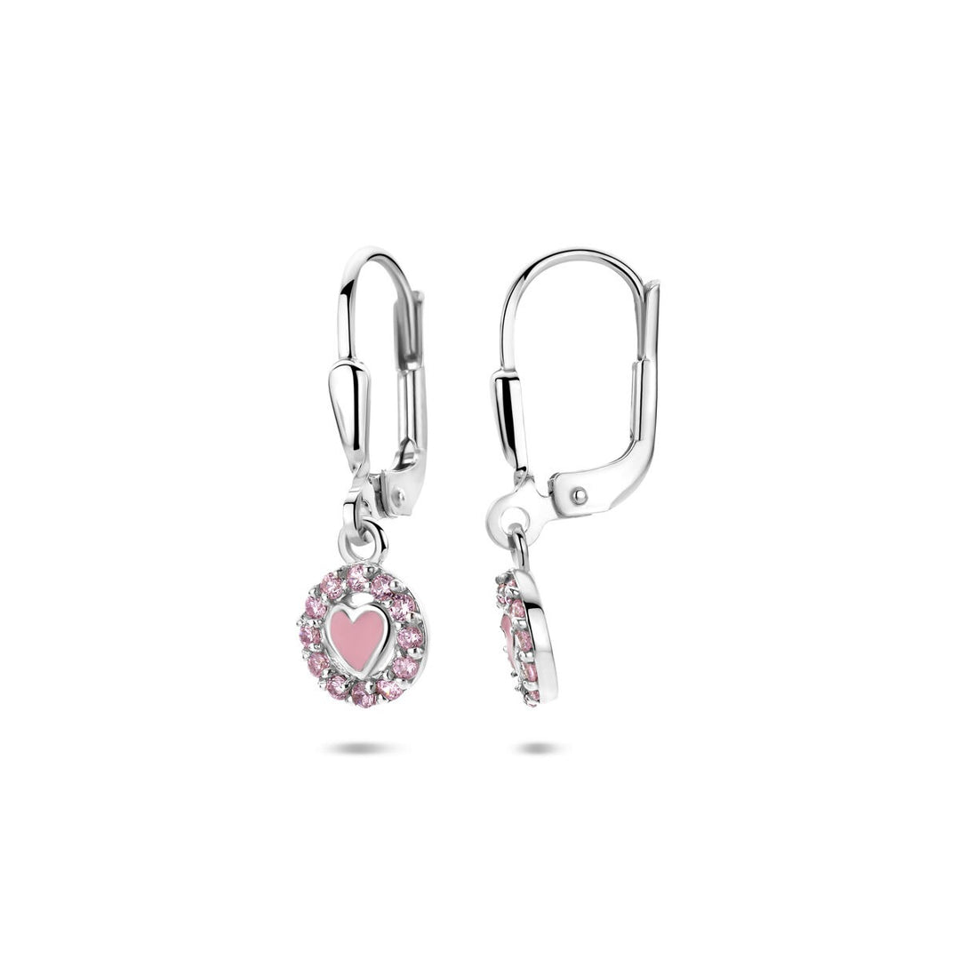 Zilveren oorhangers met emaille hart en roze zirkonia – 21 mm