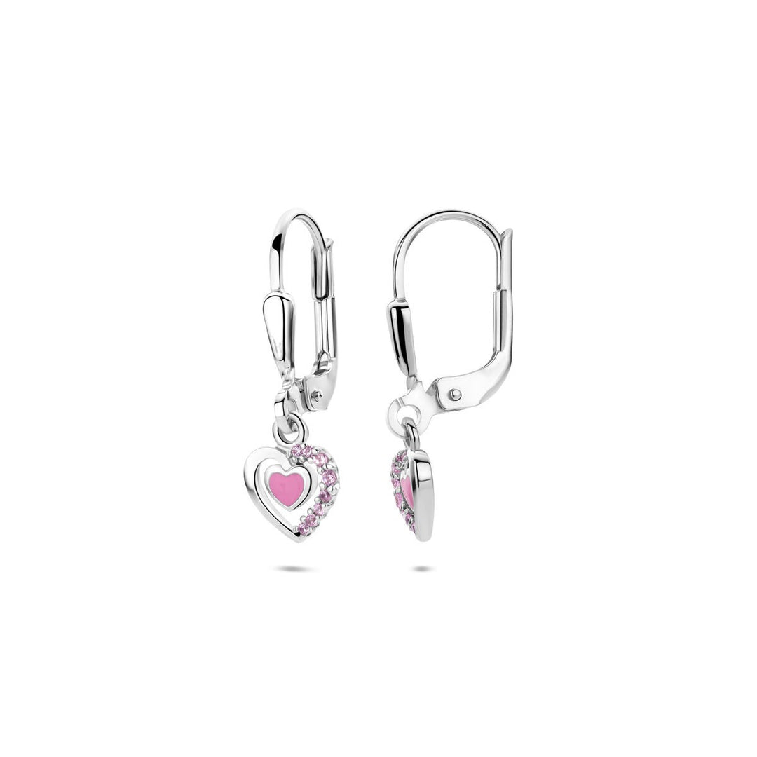 Zilveren oorhangers met emaille hart en roze zirkonia – 21 mm
