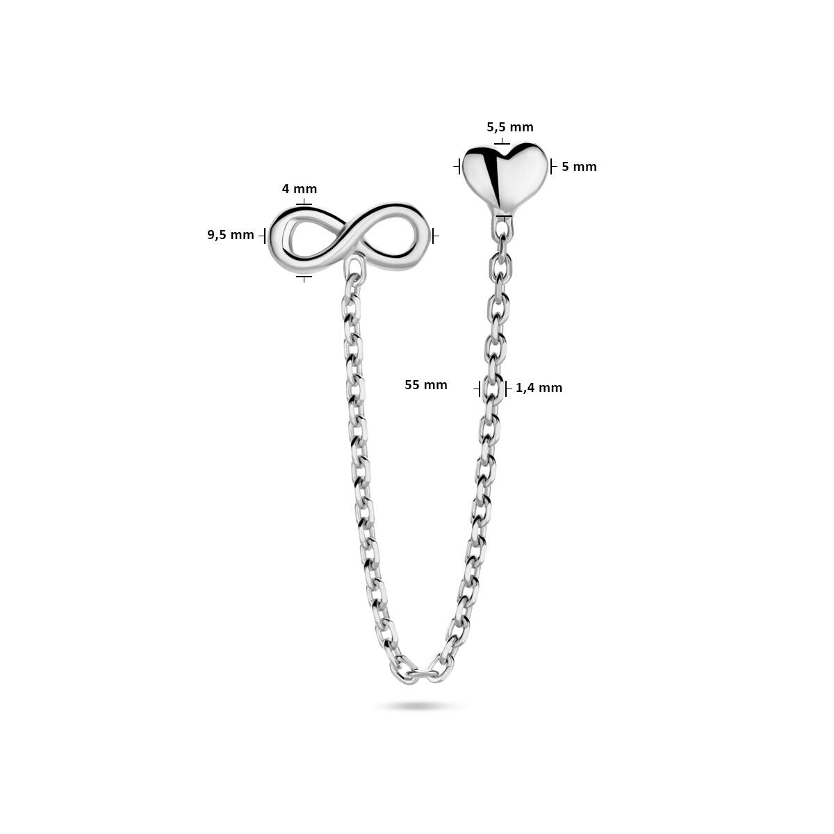 double ear stud heart and infinity each silver rhodium plated