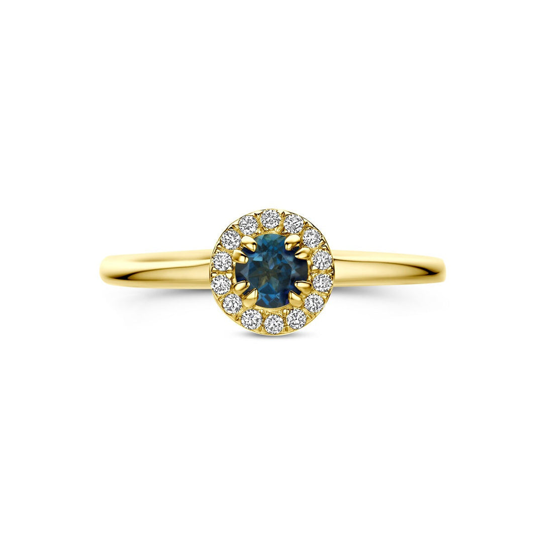 14k Geelgouden ring met London blue topaas en lab grown diamant