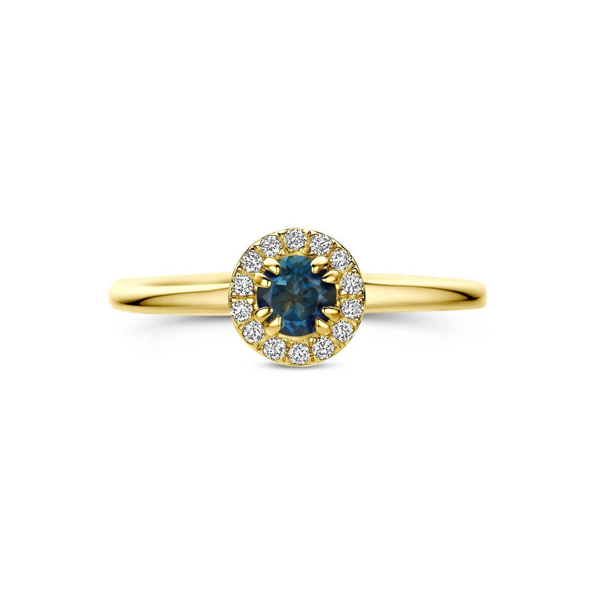 14k Geelgouden ring met London blue topaas en lab grown diamant