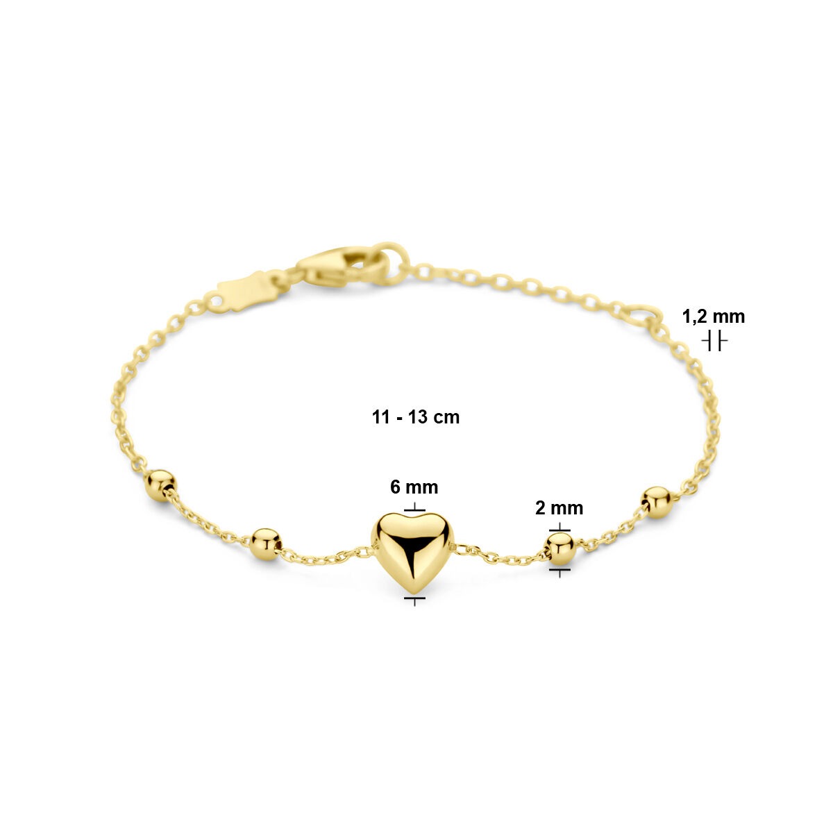 14k geelgouden kinderarmband met hartje en bolletjes