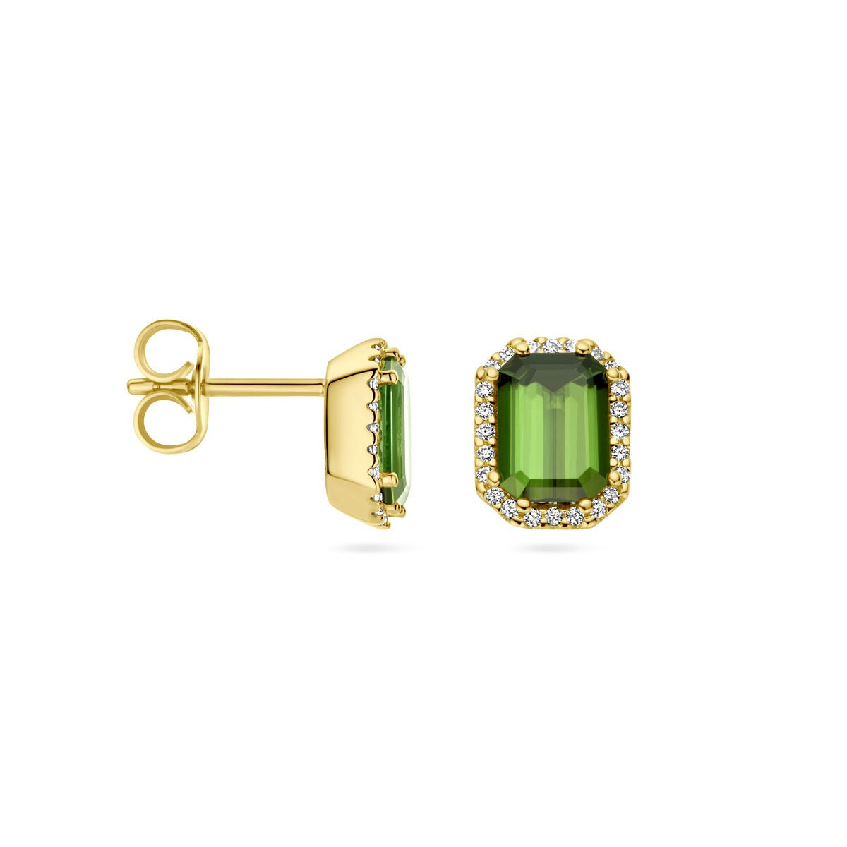 14k geelgouden oorknoppen met toermalijn en diamant