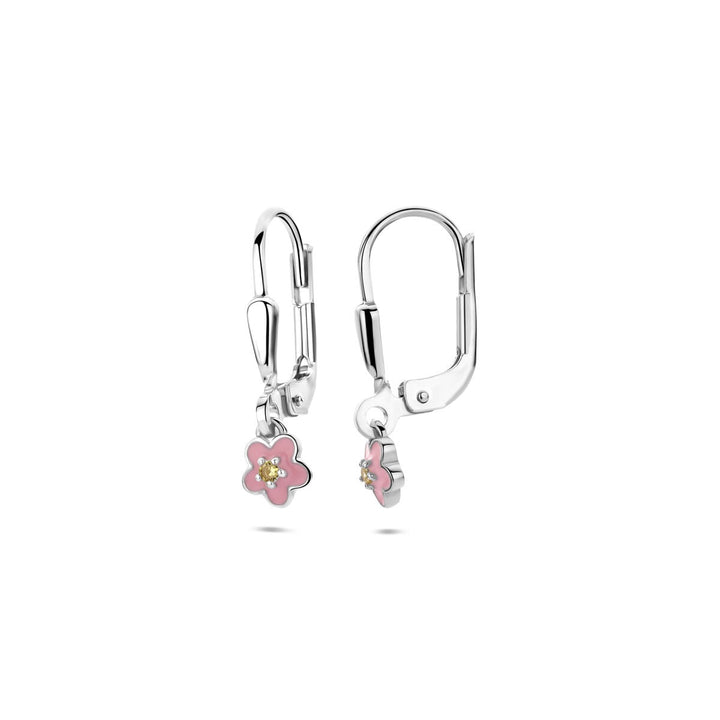 Zilveren oorhangers met emaille bloem en gele zirkonia – 19 mm