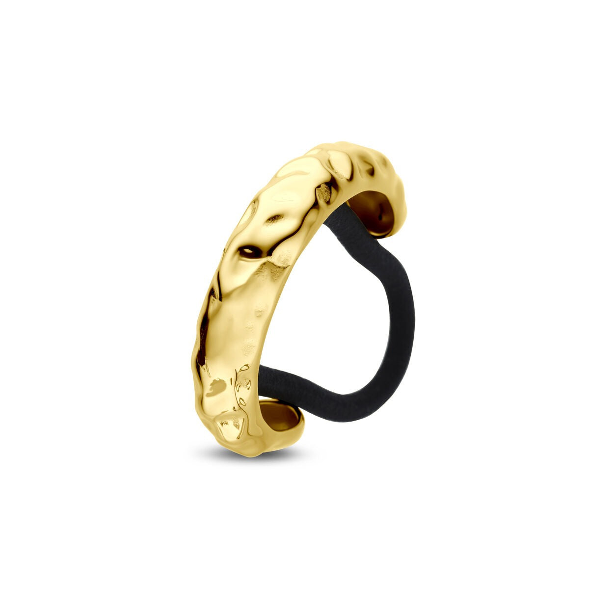 Goudkleurige stalen hair cuff met een gestructureerde afwerking en zwarte elastische band.