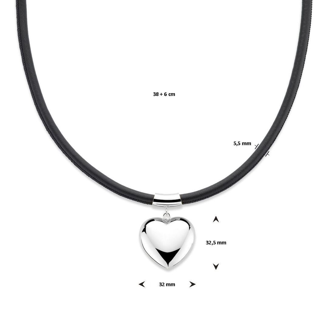 Gerhodineerd zilveren collier met hart en zwart koord