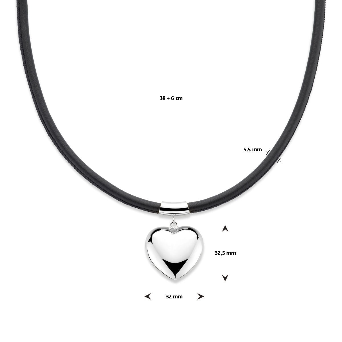 Gerhodineerd zilveren collier met hart en zwart koord