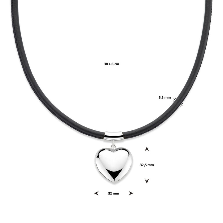 Gerhodineerd zilveren collier met hart en zwart koord