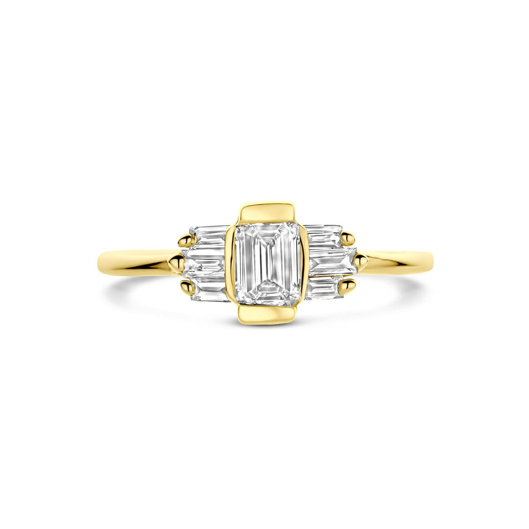 14k geelgouden damesring met 0.64ct lab grown diamant – 7mm breed
