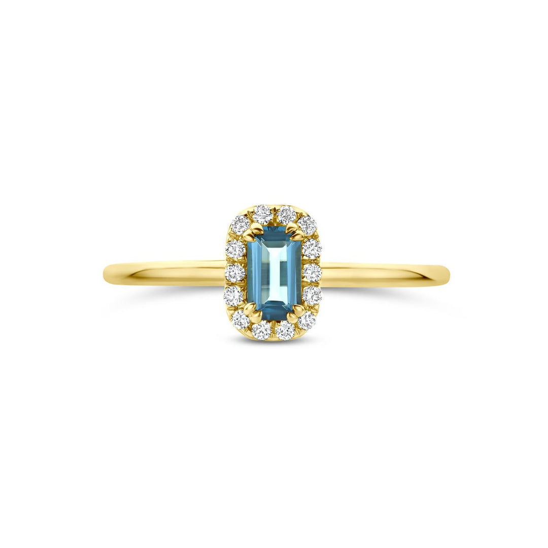 14k Geelgouden entourage ring met London blue topaas en lab grown diamant