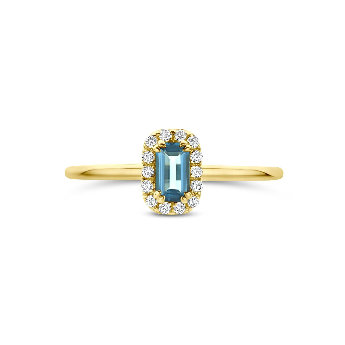 14k Geelgouden entourage ring met London blue topaas en lab grown diamant