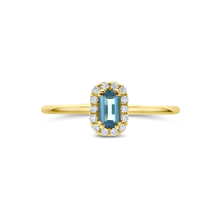 14k Geelgouden entourage ring met London blue topaas en lab grown diamant
