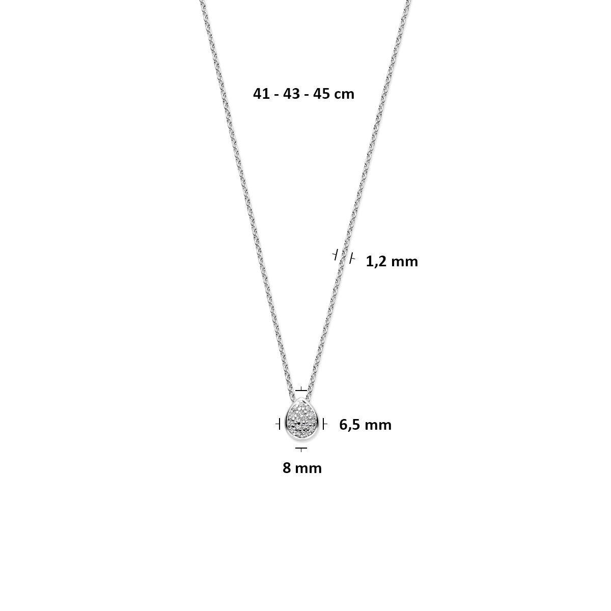 Zilveren dames ketting met druppelvormige zirkonia hanger gerhodineerd 41 - 43 - 45 cm