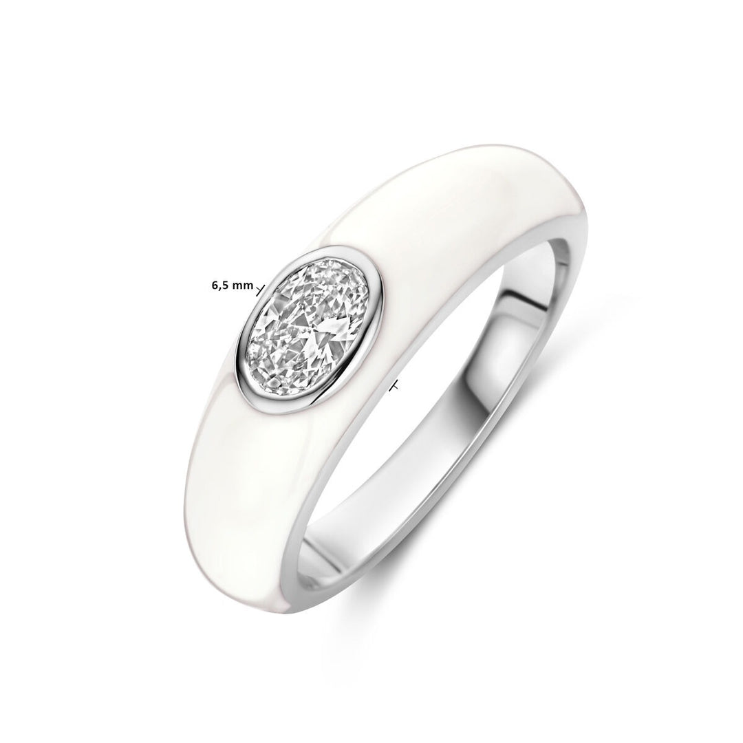 925 Gerhodineerd Zilveren Ring met Wit Emaille en Zirkonia