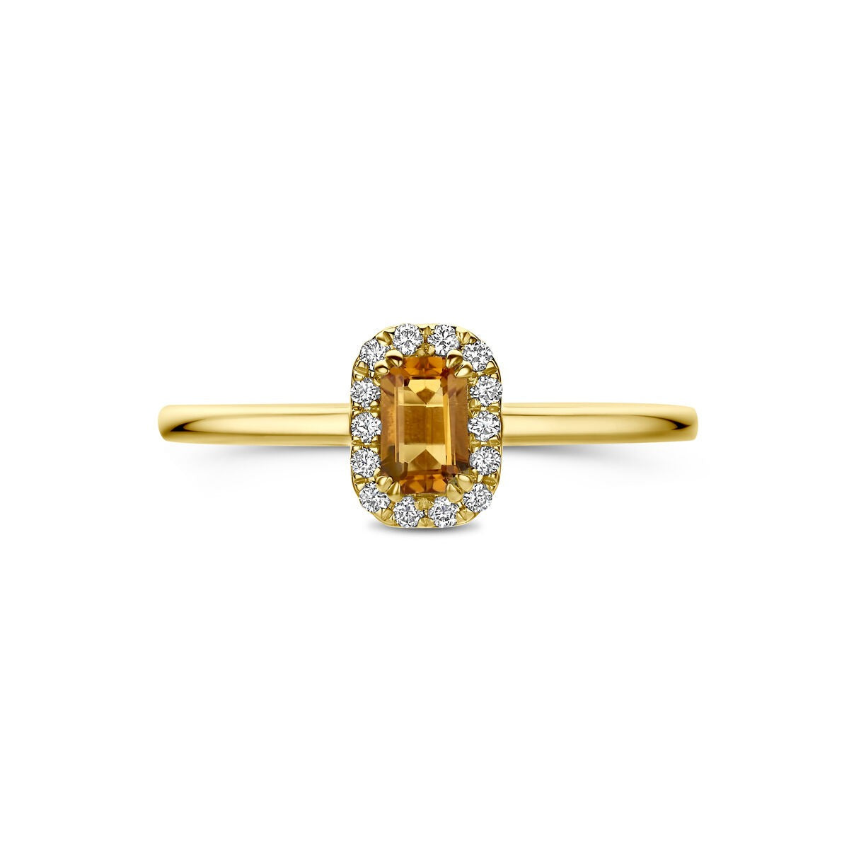 14k Geelgouden entourage ring met citrien en lab grown diamant