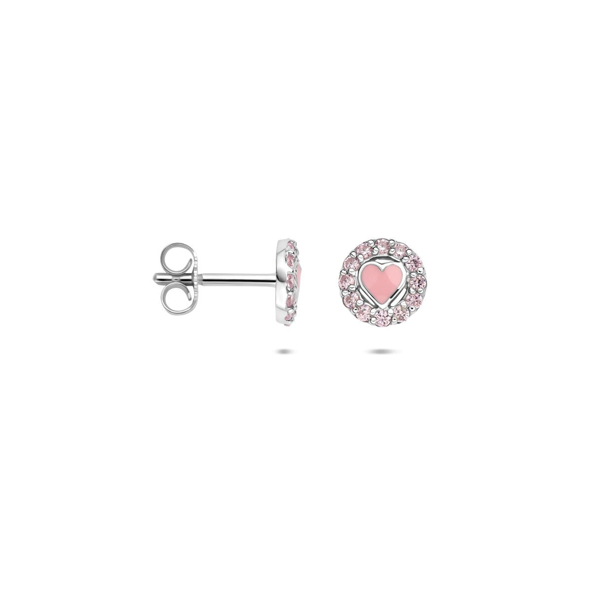 Zilveren oorknoppen met emaille hart en roze zirkonia – 7 mm