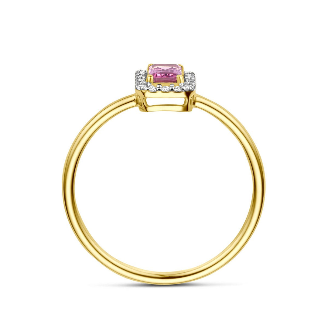 Gouden damesring met roze toermalijn en diamant – 14k geelgoud