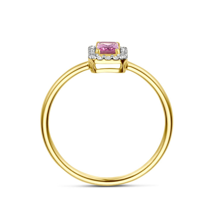 Gouden damesring met roze toermalijn en diamant – 14k geelgoud