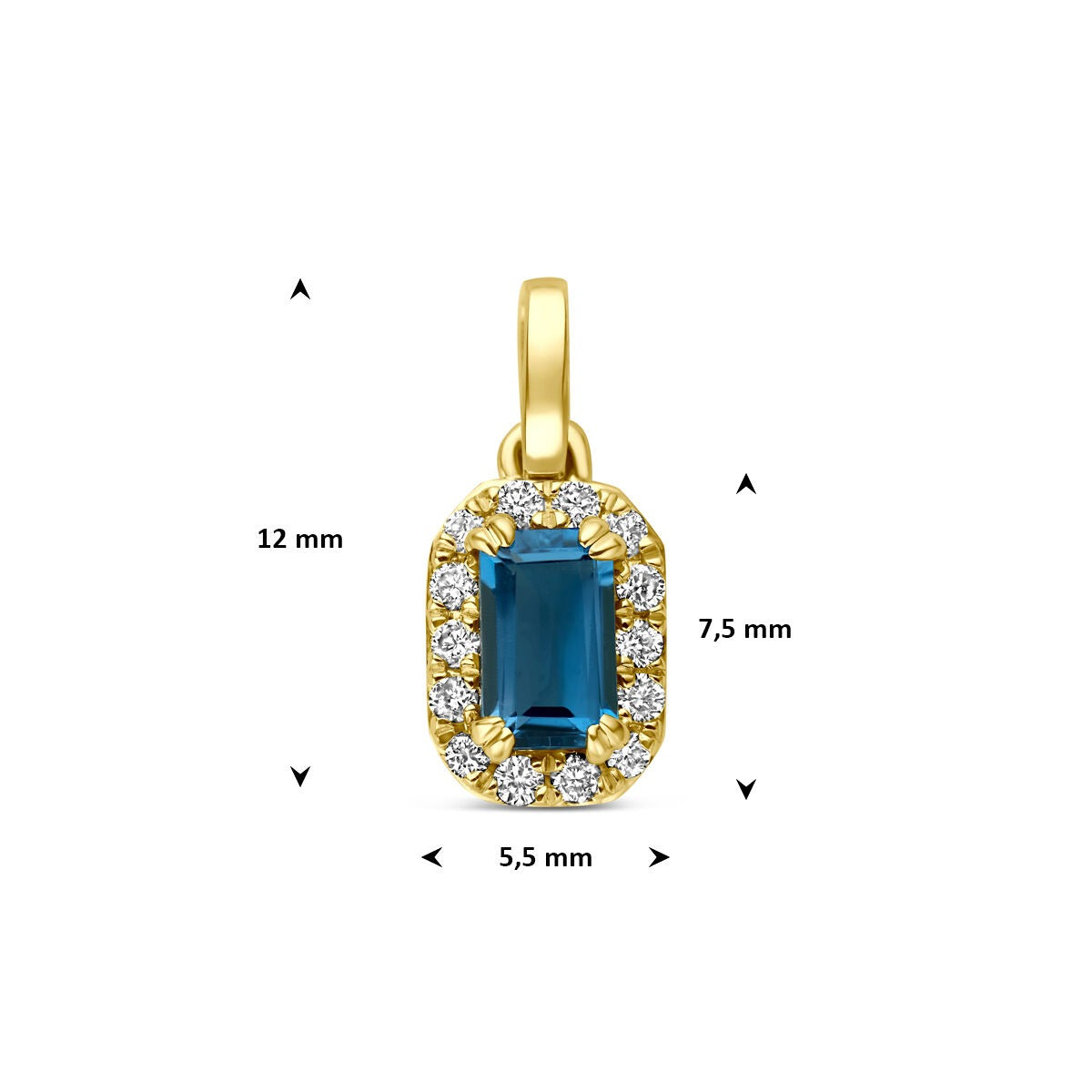 14k Geelgouden hanger met London blue topaas en lab grown diamant