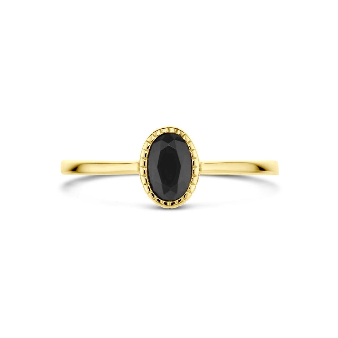 14k geelgouden damesring met zwarte zirkonia