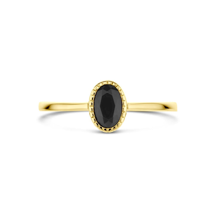 14k geelgouden damesring met zwarte zirkonia