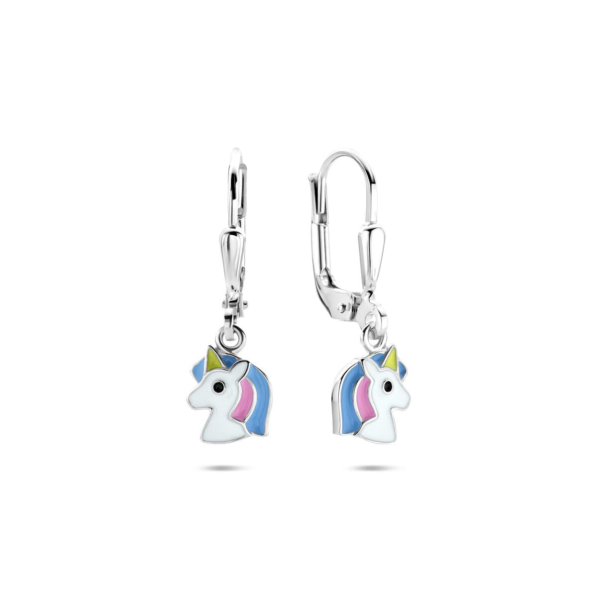 Zilveren kinder oorhangers met emaille paard – gerhodineerd