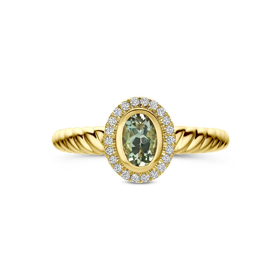 14k Geelgouden ring met groene amethist en lab grown diamant