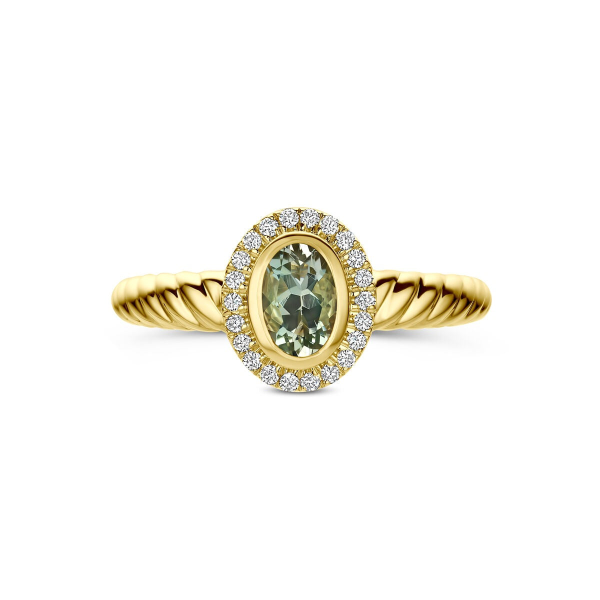 14k Geelgouden ring met groene amethist en lab grown diamant