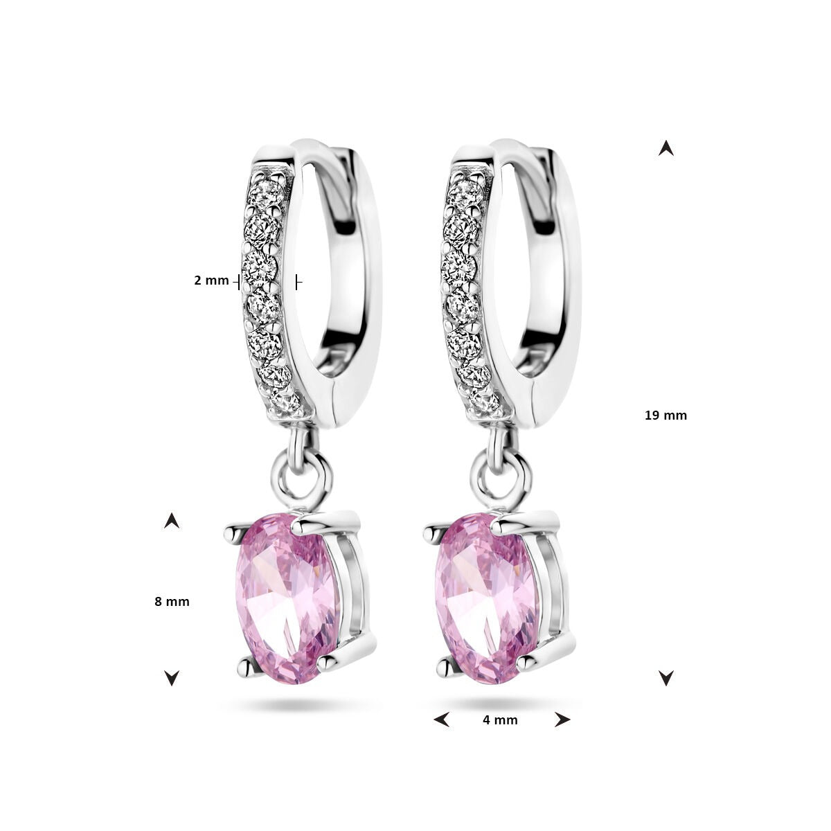 drop earrings white and pink zirconia silver rhodium plated